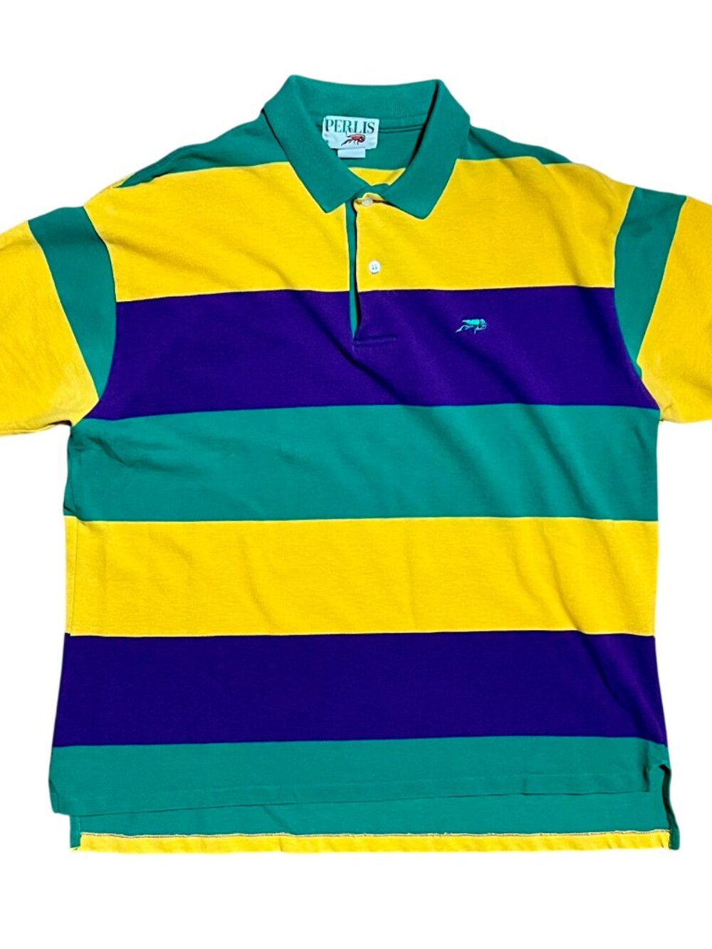 Perlis Vintage Embroidered Crawfish Mardi Gras Striped Polo Shirt, Men's XL